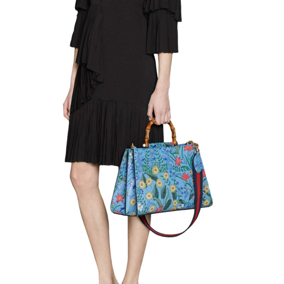 Gucci Nymphae Azure Shanghai Leather Handbag Snap Floral Blue Gold Bag Purse NEW - Picture 8 of 16